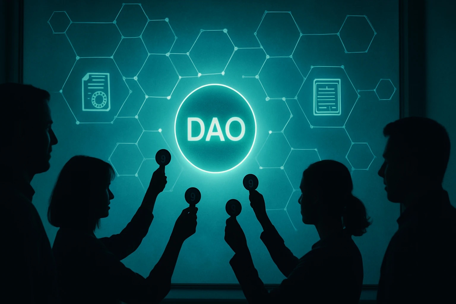 Skupina ľudí drží čísla pred obrazovkou s nápisom DAO a grafickými prvkami.