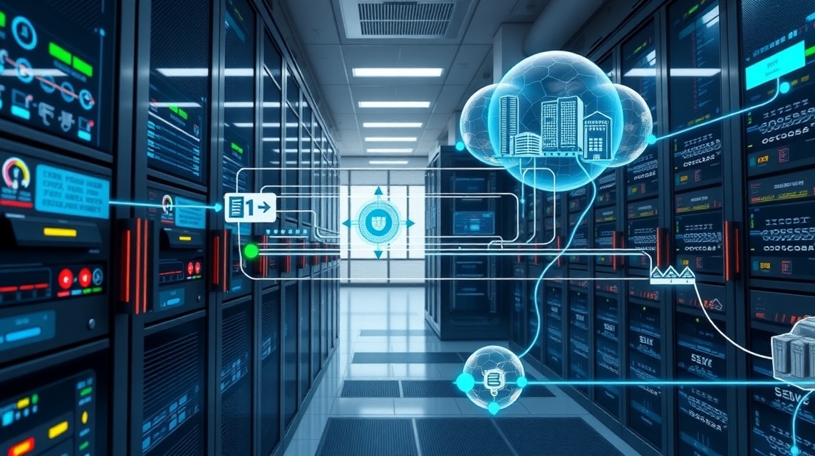 Moderný dátový centrá s technológiou cloud computing a sieťovými pripojeniami.