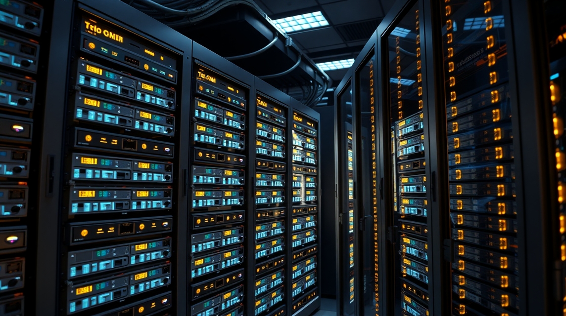 Moderné servery v dátovom centre s modrými a oranžovými svetlami.