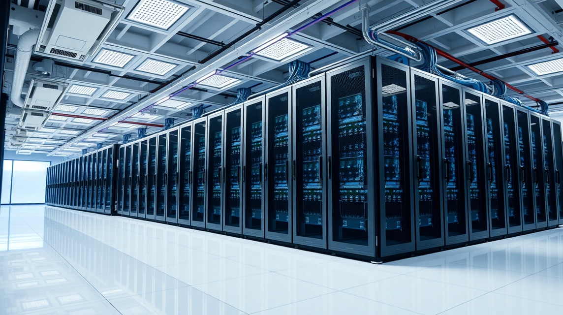 Moderný dátový centrá s radmi serverových skriniek a chladením.