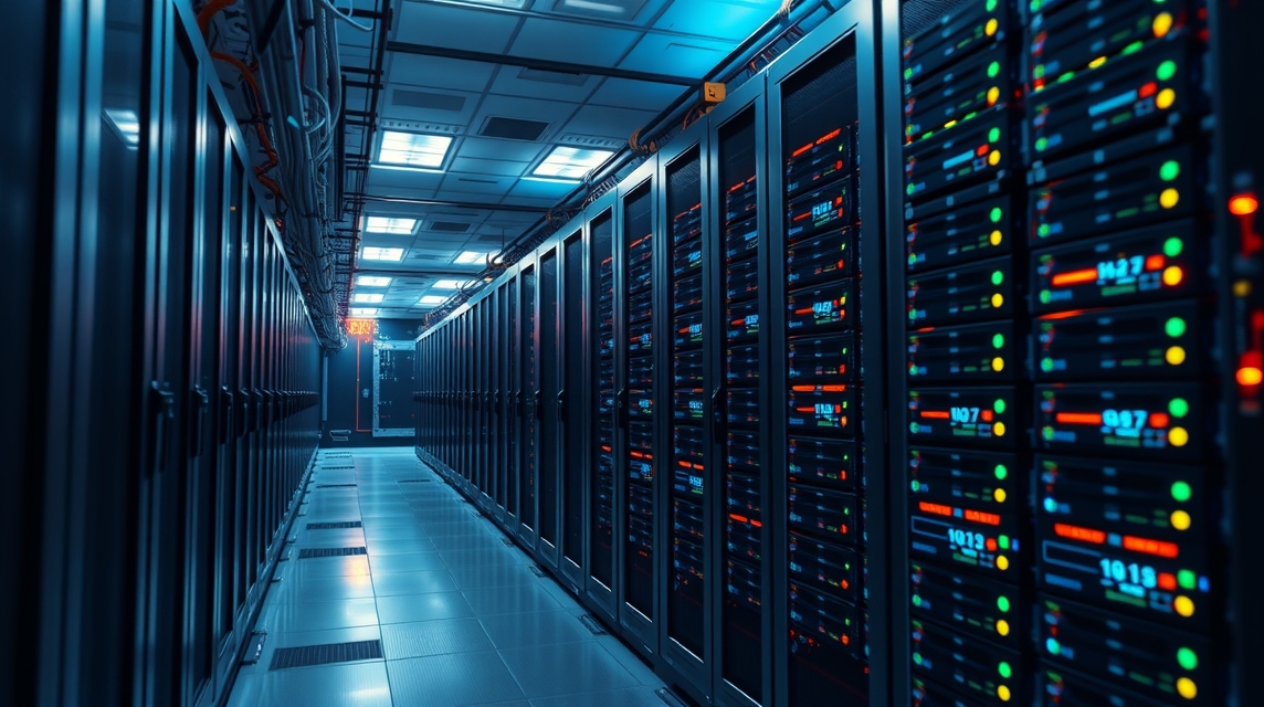 Moderný dátový center s radmi serverov a modrým osvetlením.