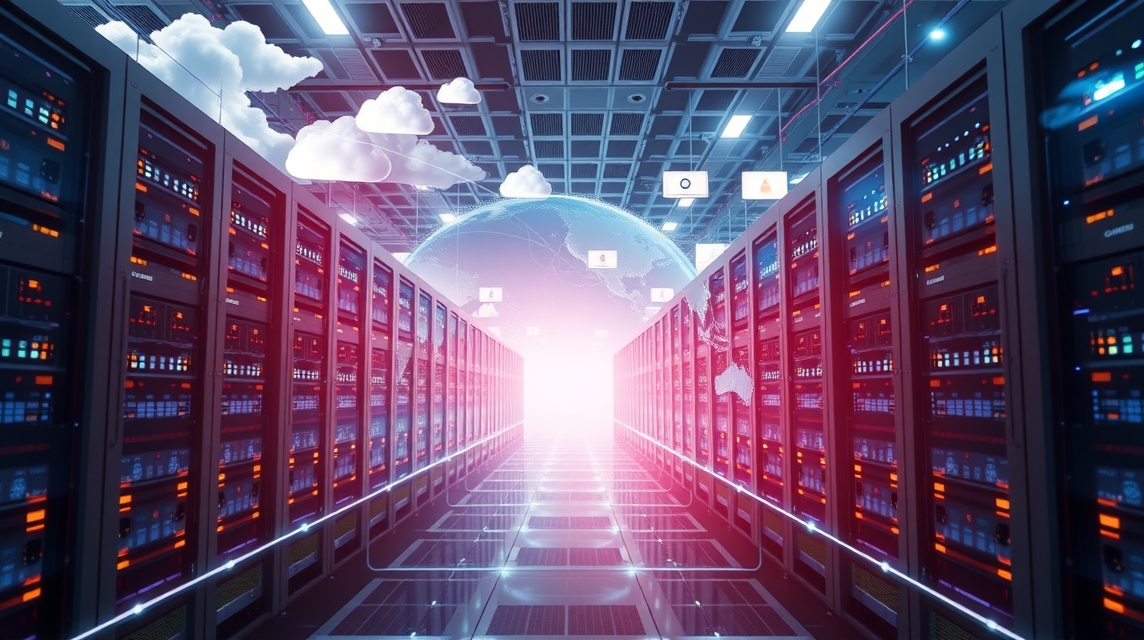Moderné dátové centrum s radmi serverov a digitálnymi prvkami v pozadí.