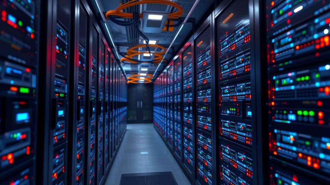 Moderné servery v dátovom centre s blikajúcimi svetlami a káblami.