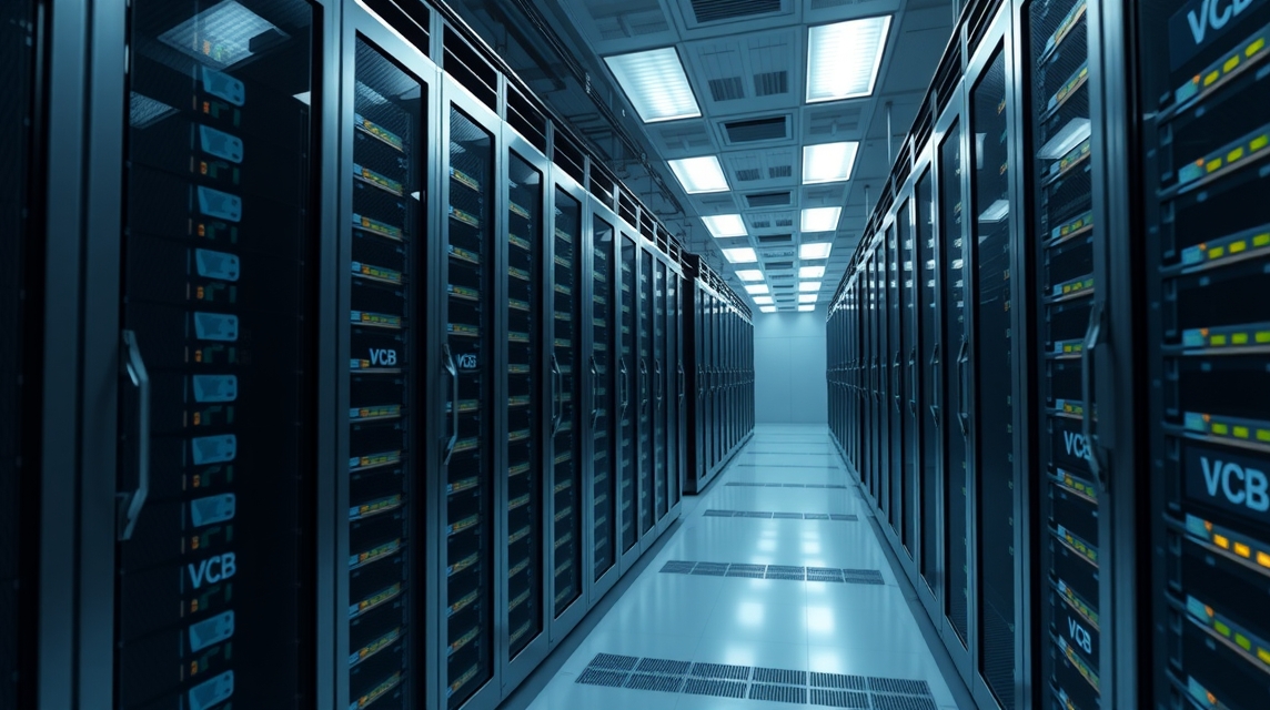 Moderné servery usporiadané v dátovom centre s osvetlením.