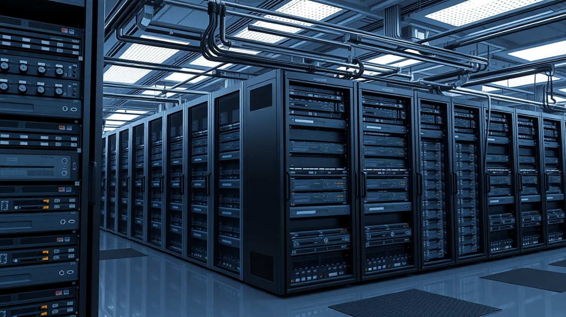 Moderné servery uskladnené v dátovom centre s modrým osvetlením.