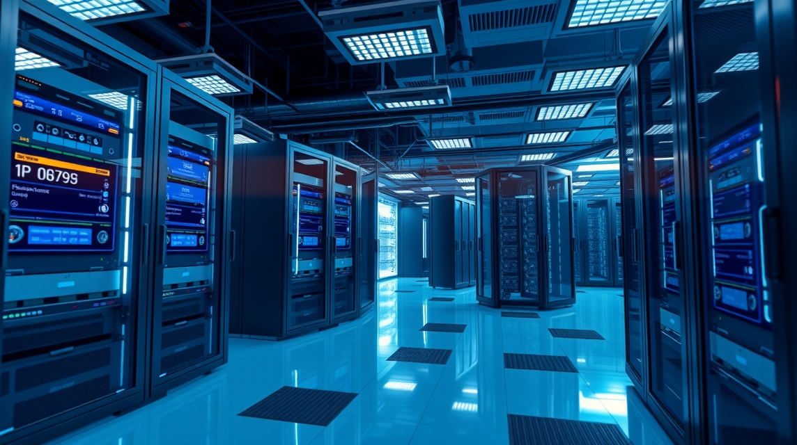 Moderné dátové centrum s množstvom serverov a modrým osvetlením.