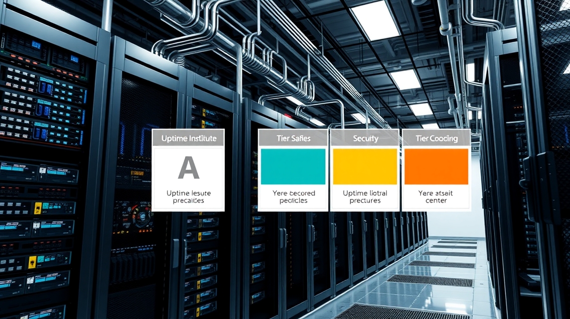 Moderný dátový centrál s technológiou a označeniami pre úroveň služieb.