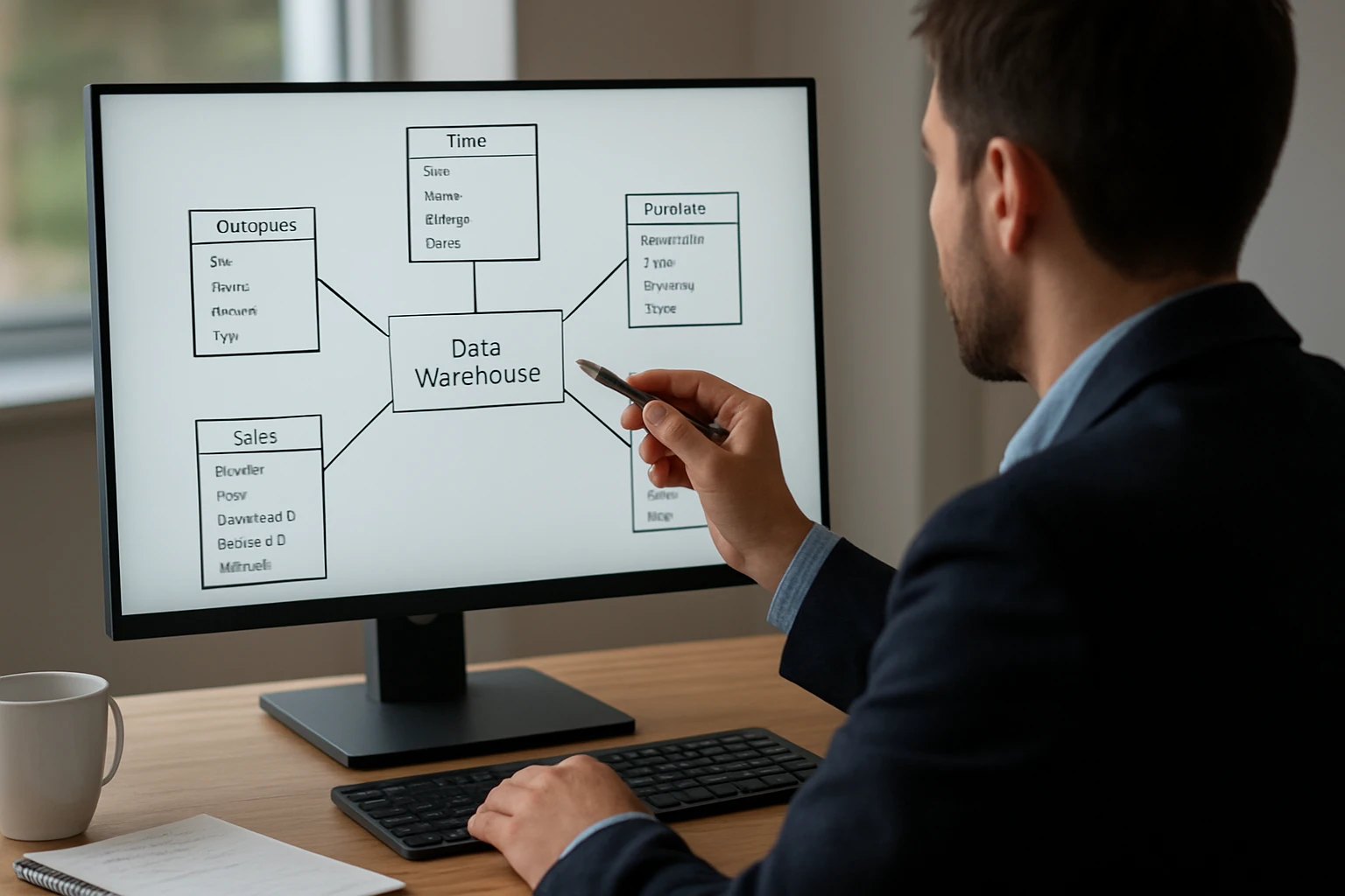 Muž ukazuje na diagram s informáciami o dátovom sklade na monitore.