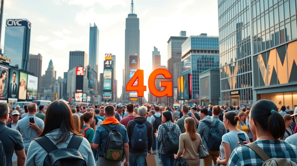 Davy ľudí na ulici s veľkým nápisom 4G v pozadí a mestskou scenériou.