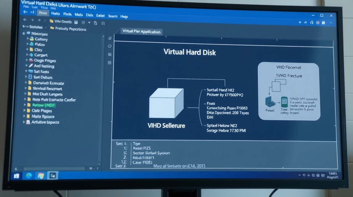 Obrazovka počítača zobrazuje diagram virtuálneho pevného disku s technickými údajmi.