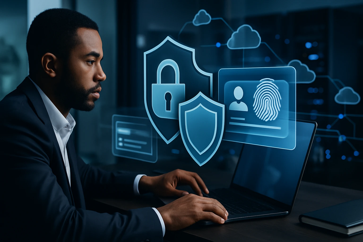 Muž v obleku pracuje na laptopu s digitálnymi bezpečnostnými ikonami.
