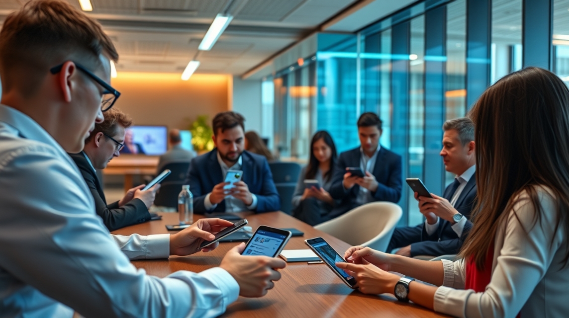 Skupina profesionálov sedí egy modern irodában, mobiltelefonokat használva.