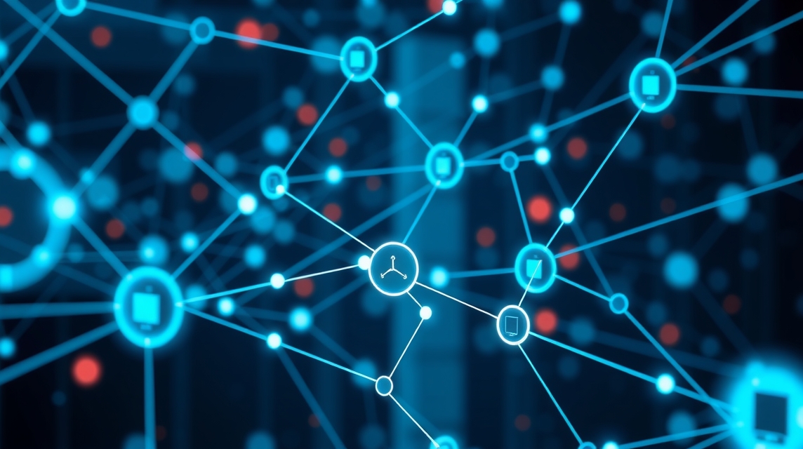 Abstraktná vizualizácia digitálnej siete s modrými a červenými bodmi.