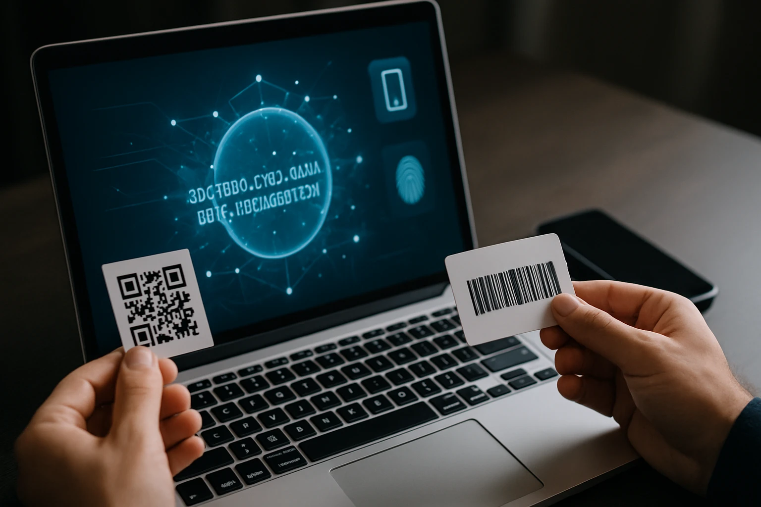 Osoba drži QR kód a čiarový kód pred laptopom s digitálnym rozhraním.