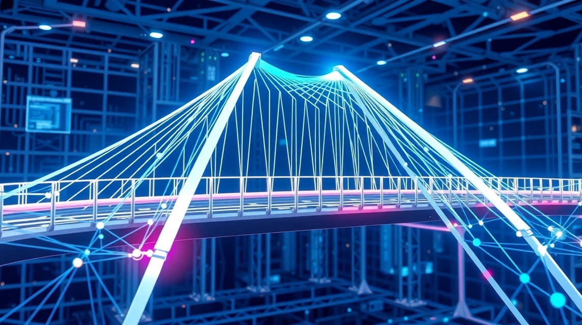 Moderný most s osvetlením v digitálnom prostredí, symbolizujúci technológiu.
