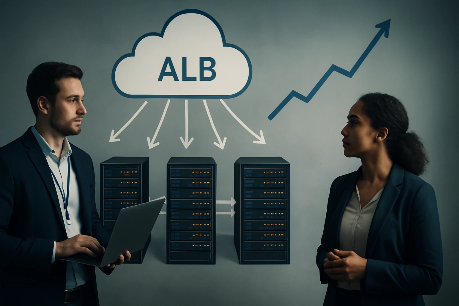 Muži a ženy diskutujú o cloudových technológiách a serveroch.