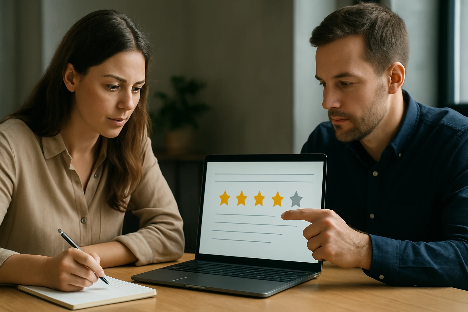 Žena a muž diskutujú o hodnotení na laptopu, na obrazovke päťhviezdičkové hodnotenie.