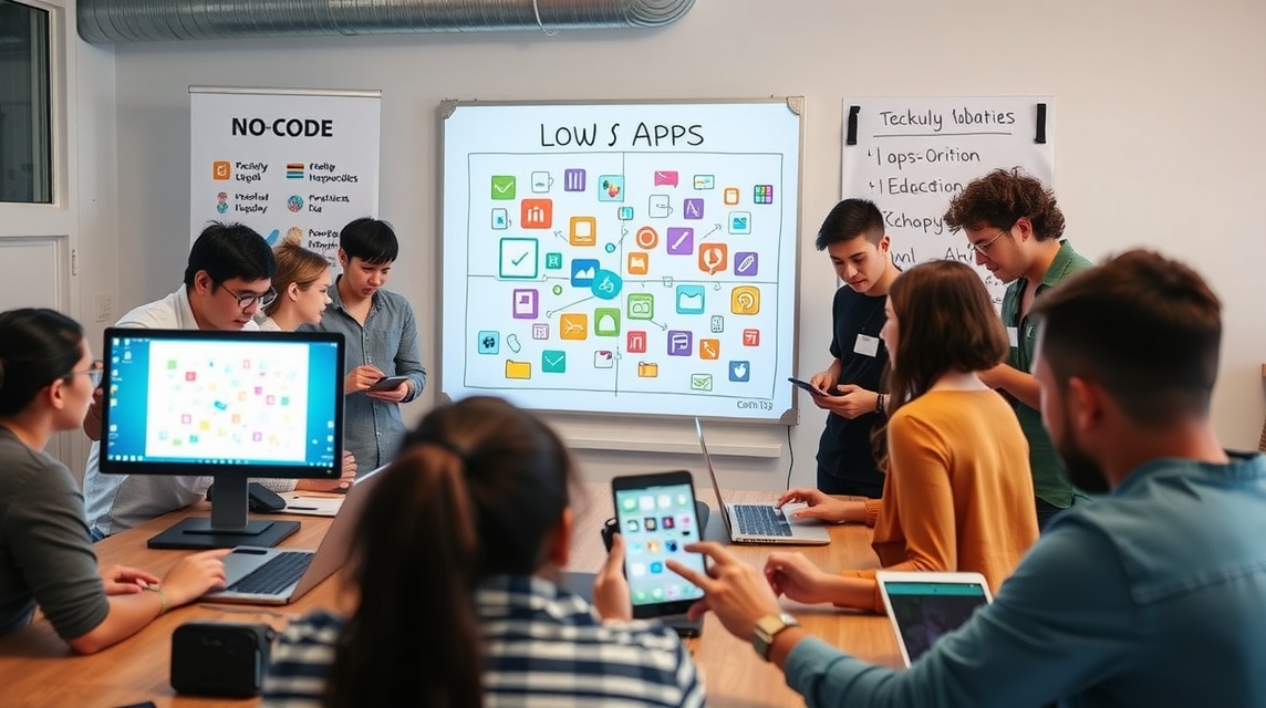 Skupina mladých ľudí diskutuje o aplikáciách v modernom kancelárskom prostredí.