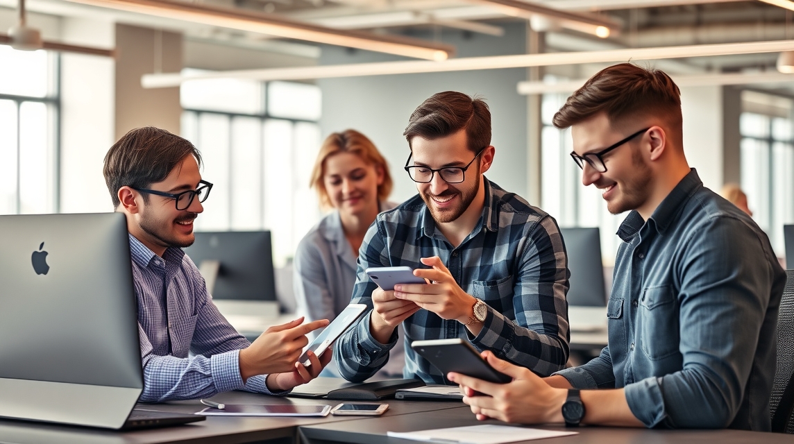 Skupina mladých profesionálov diskutuje o mobilných aplikáciách v modernom kancelárskom prostredí.