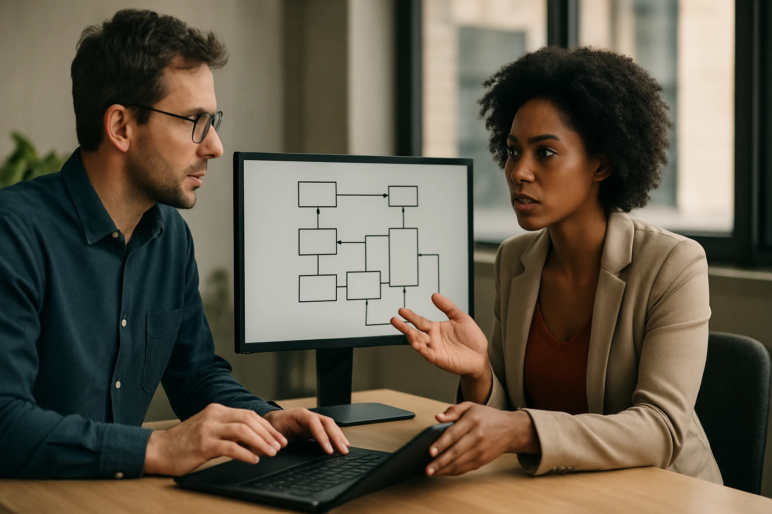 Dva profesionáli diskutujú o pracovnom procese pred počítačom s diagramom.