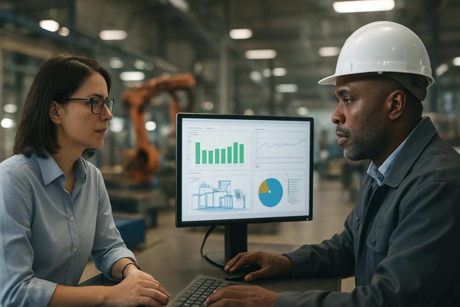Žena a muž diskutujú o údajoch na obrazovke počítača v priemyselnom prostredí.
