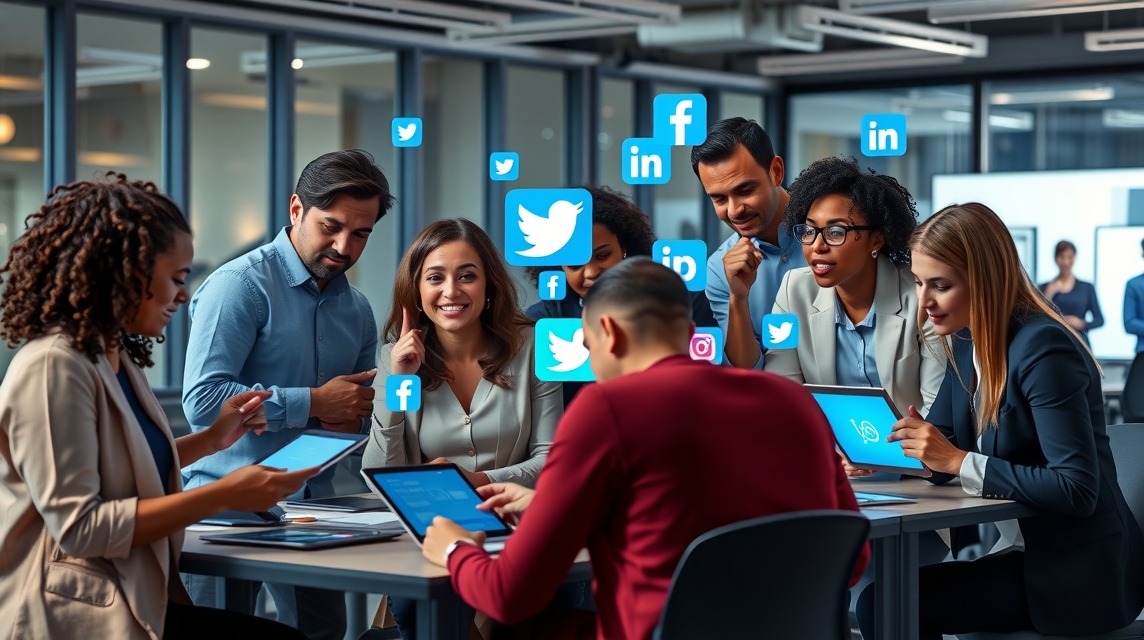 Skupina ľudí diskutuje o sociálnych médiách pri stole s tabletmi.