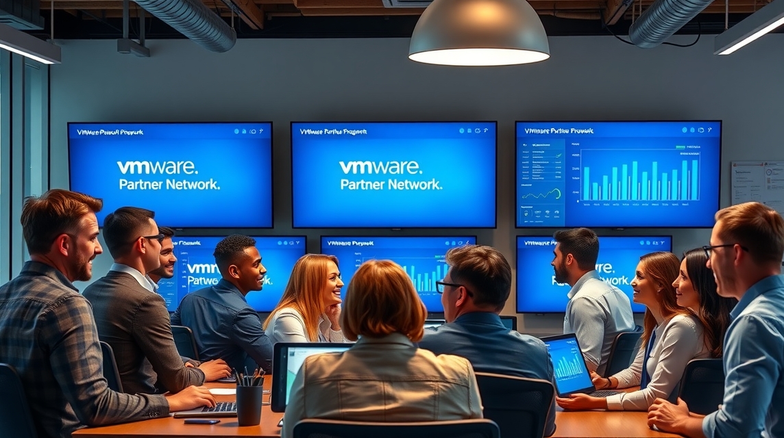 Skupina profesionálov diskutuje egy konferenciateremben, VMware háttérrel.