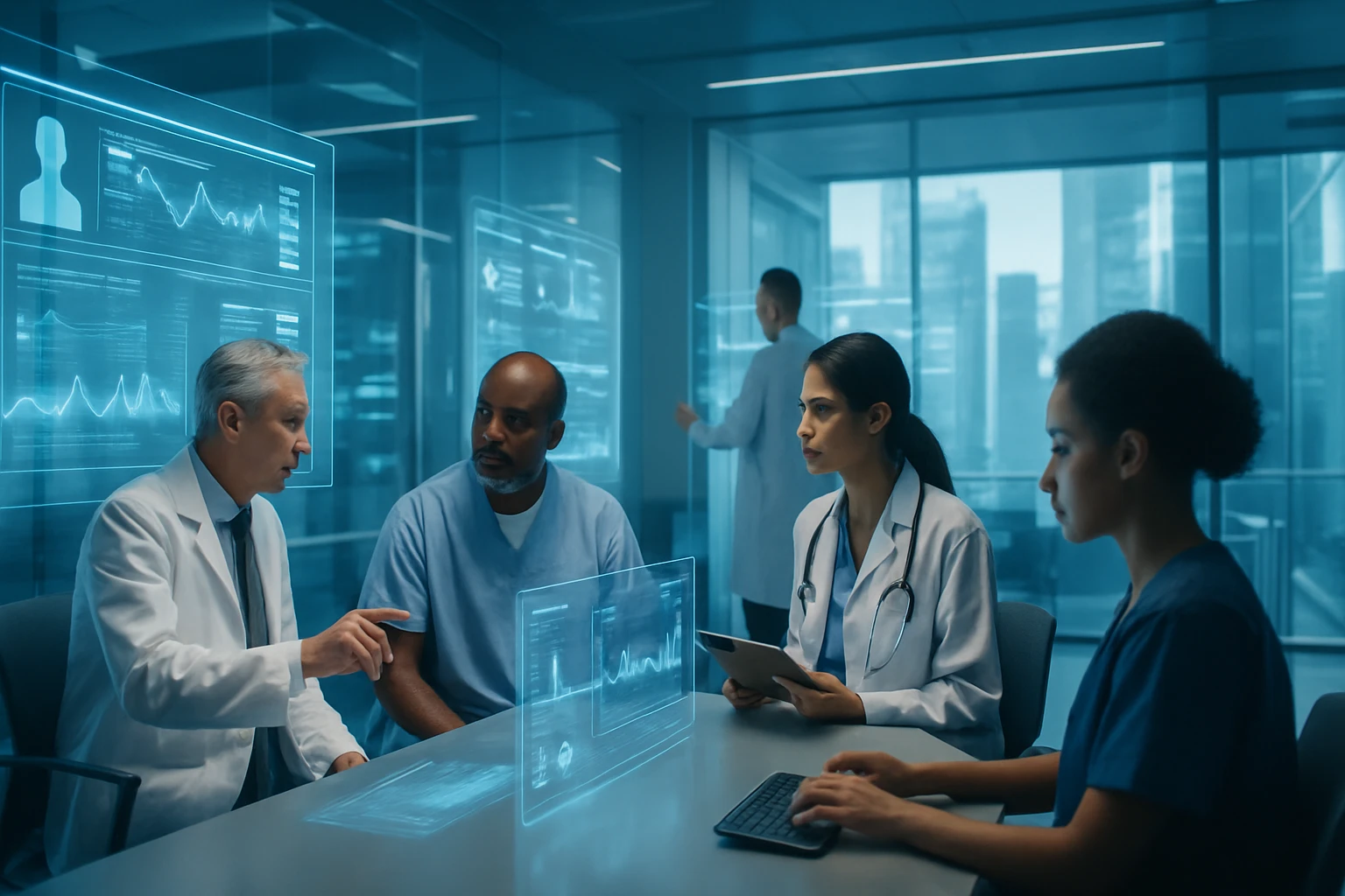 Skupina zdravotníckych profesionálov diskutuje o pacientových údajoch v modernom prostredí.