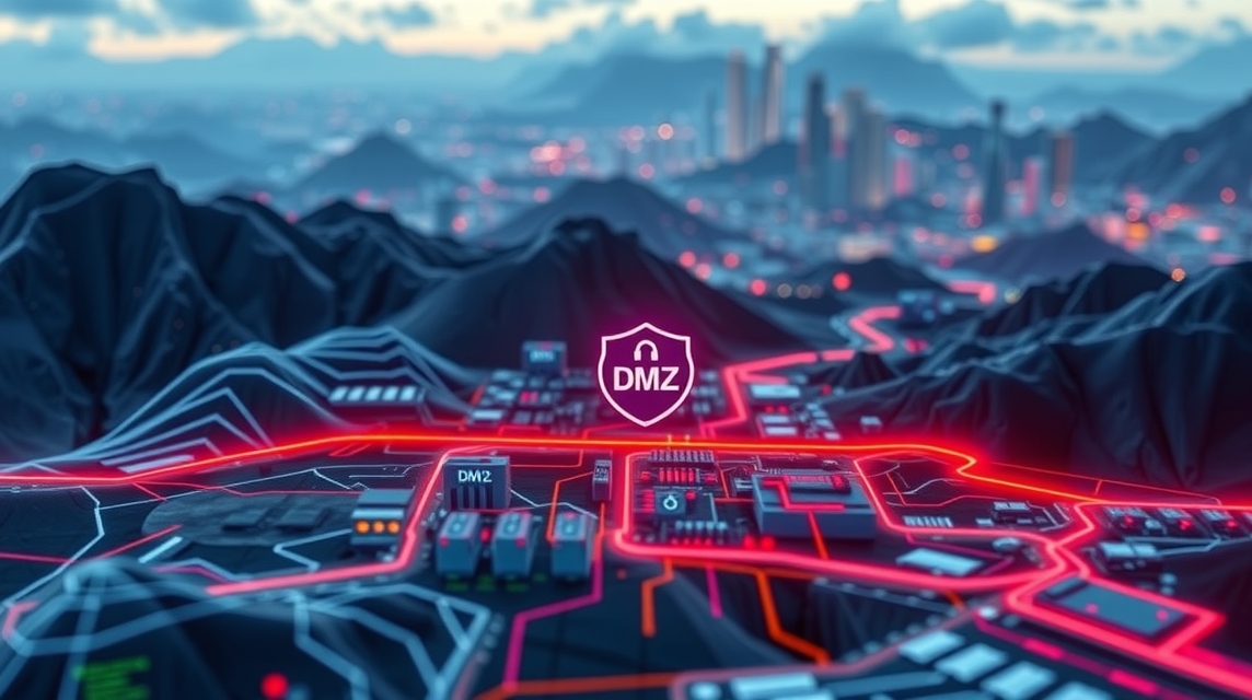 Digitálna mapa s označením DMZ, moderné mestské prostredie v pozadí.