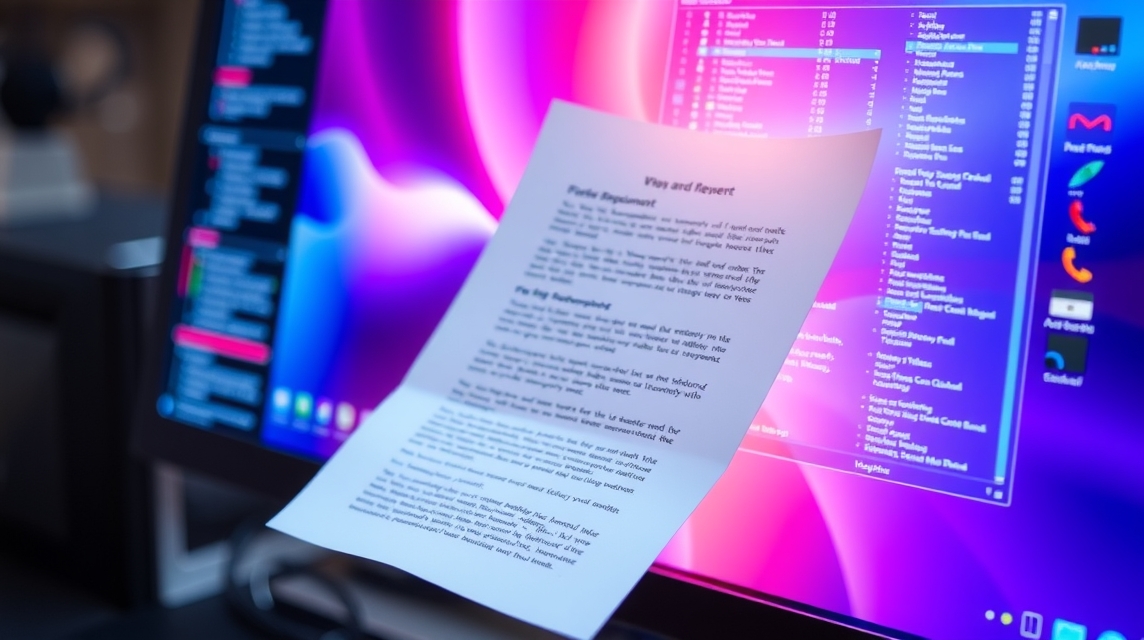 Na obrazovke počítača je vidieť dokument s textom a farebným pozadím.