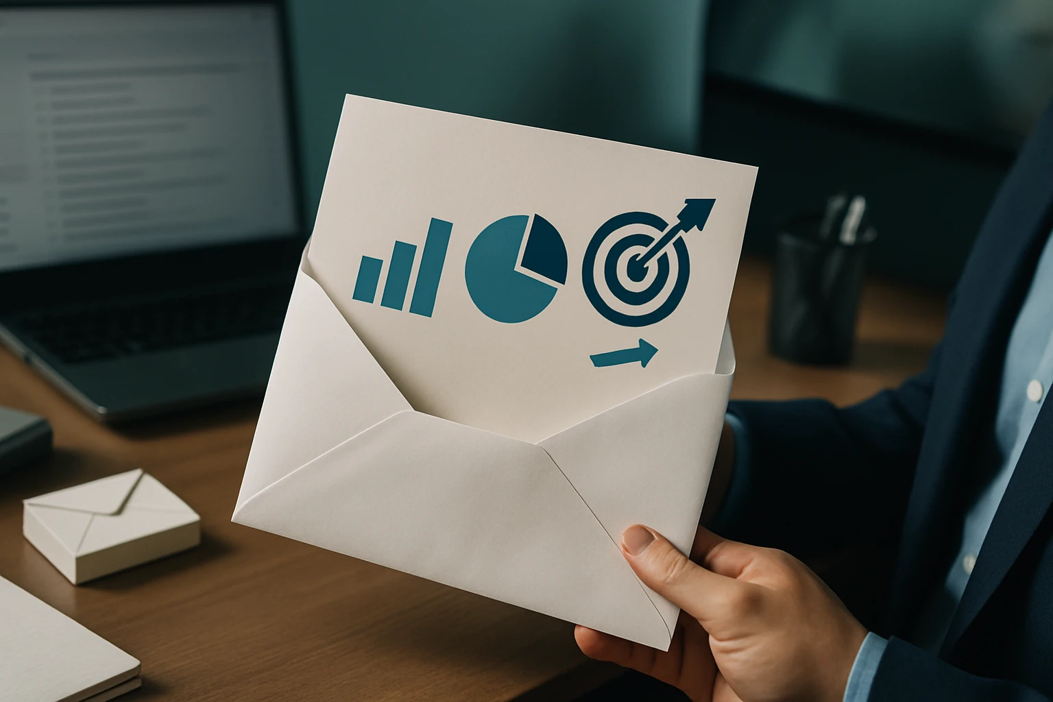 Obálka s grafickými symbolmi rastu a cieľa, v pozadí laptop.