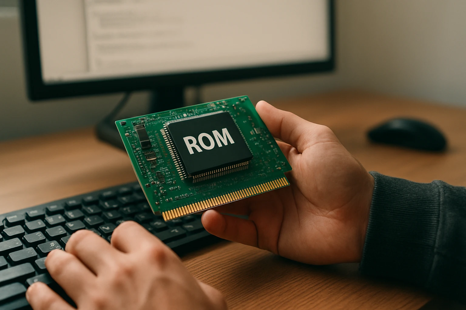 Osoba, ktorá v ruke drží čip s nápisom ROM, sedí pri počítači.