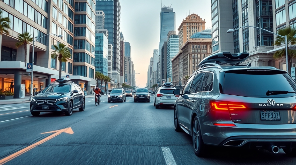 Mestská ulica s modernými autami a vysokými budovami v pozadí.