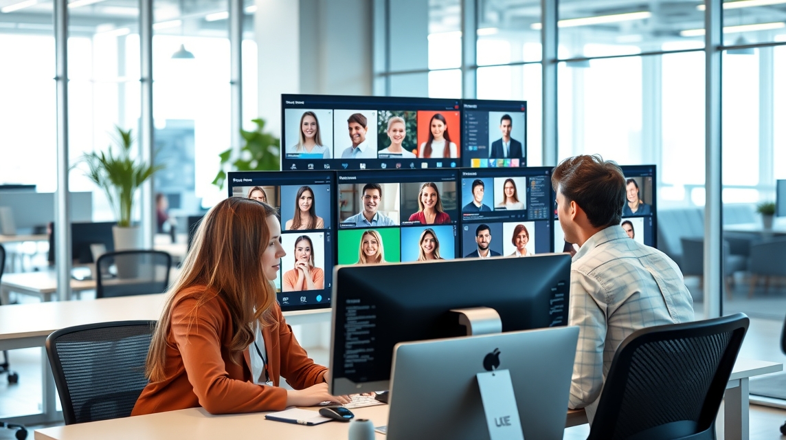 Dve osoby pracujúce na počítačoch v modernom kancelárskom prostredí s videokonferenciou.