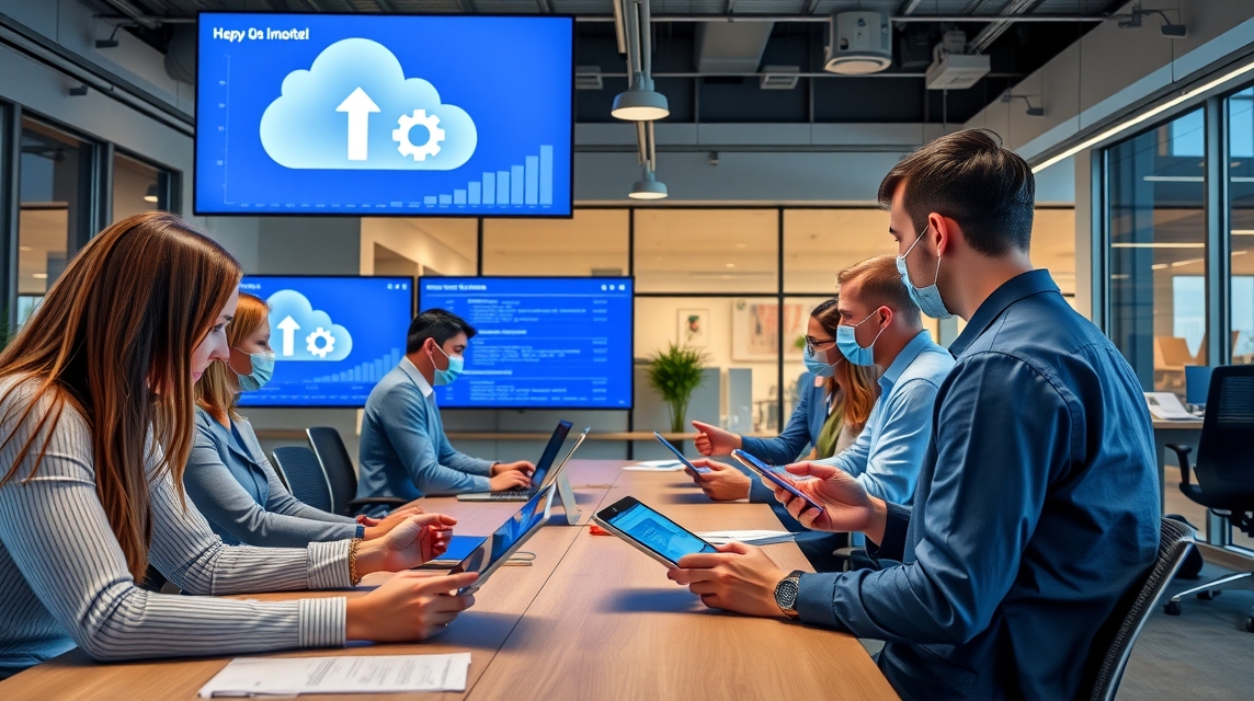 Skupina profesionálov v kancelárii pracuje na laptopoch a tabletoch, monitorujúci cloudové dáta.