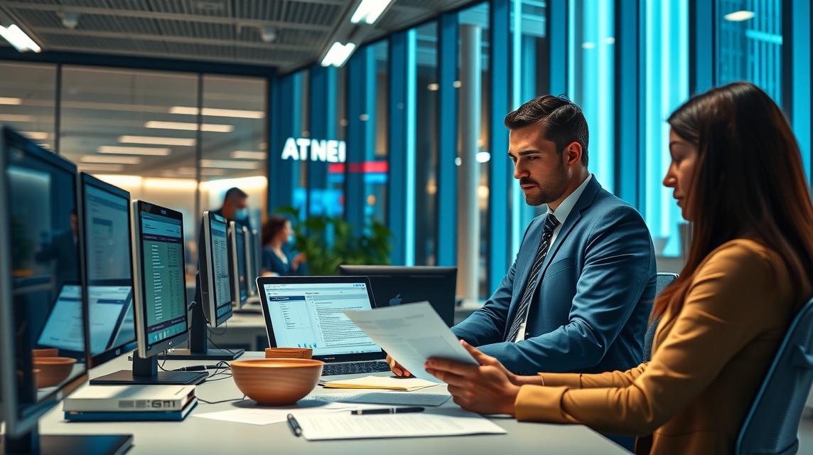 Dva profesionáli v modernom kancelárskom prostredí pracujú na počítačoch.