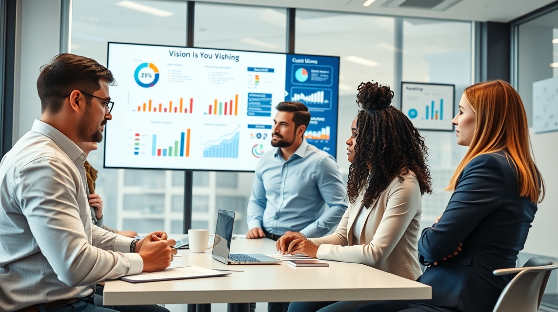 Skupina profesionálov diskutuje egy prezentáción, grafikonokkal a háttérben.