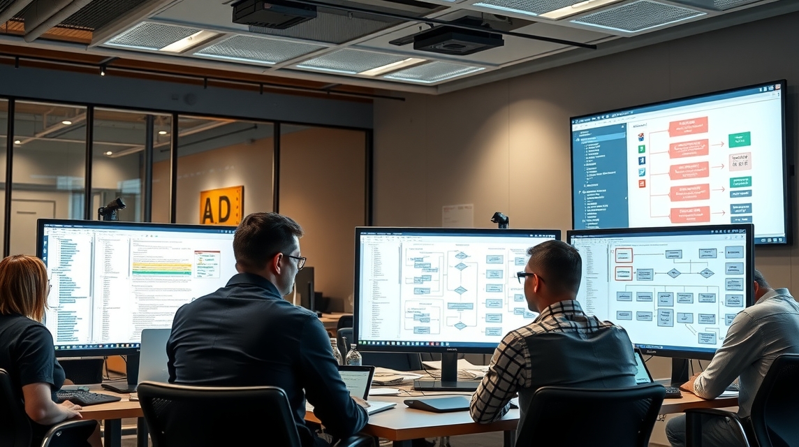 Skupina profesionálov pracuje v modernom kancelárskom prostredí s viacerými obrazovkami.