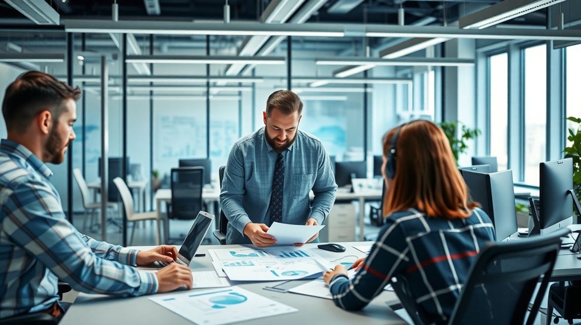 Trojica zamestnancov diskutuje o projektoch v modernom kancelárskom prostredí.