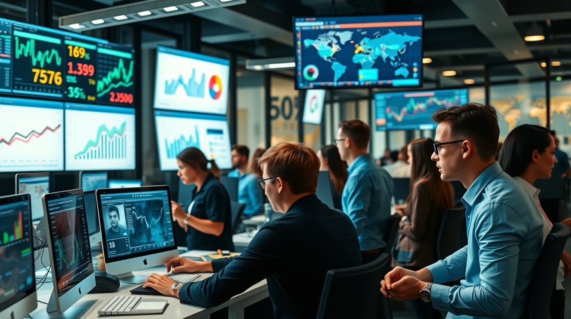 Skupina profesionálov pracuje modernom kancelárskom prostredí s viacerými obrazovkami a grafmi.