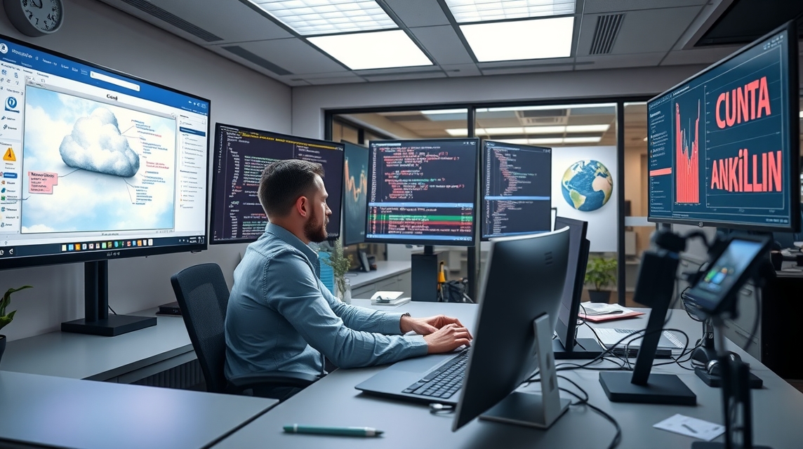 Muž pracuje na viacerých monitoroch, kódovanie a analýza dát v kancelárii.