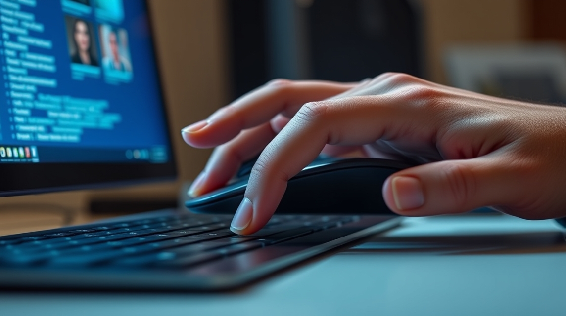 Ruka používateľa ovláda myš pri práci na počítači s klávesnicou.