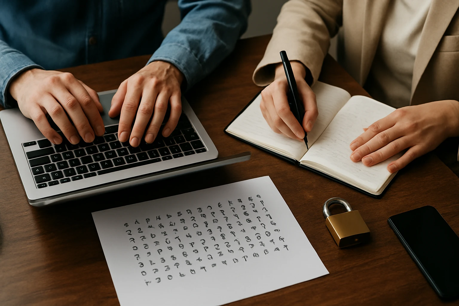 Rukou písanie do zápisníka a písanie na klávesnici laptopu.