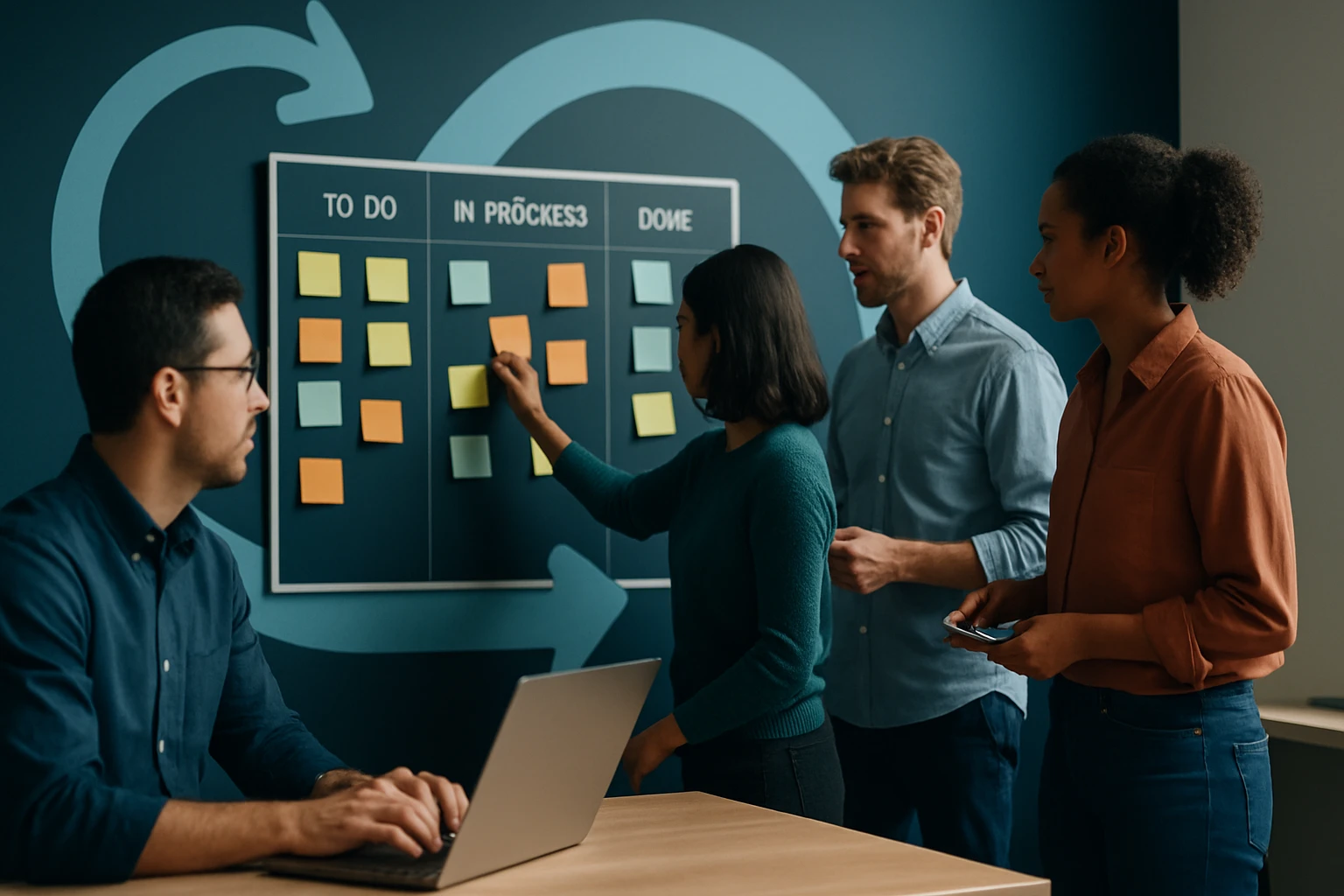 Skupina štyroch ľudí pracuje na projektovom pláne s farebnými poznámkovými lístkami.