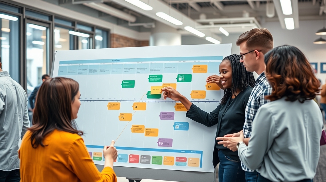 Skupina ľudí diskutuje pri plánovacom tabuli s farebnými poznámkami.