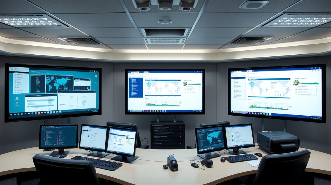 Moderné pracovisko s viacerými obrazovkami zobrazenými v kancelárii.