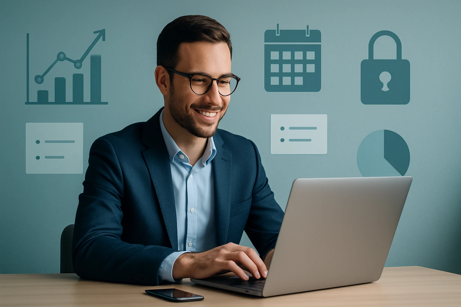 Muž v obleku pracuje na laptopu, usmievajúc sa, s grafmi a ikonami v pozadí.