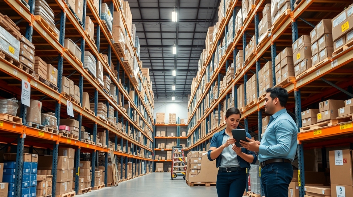 Dva zamestnanci v sklade kontrolujú zásoby na tablete medzi regálmi.