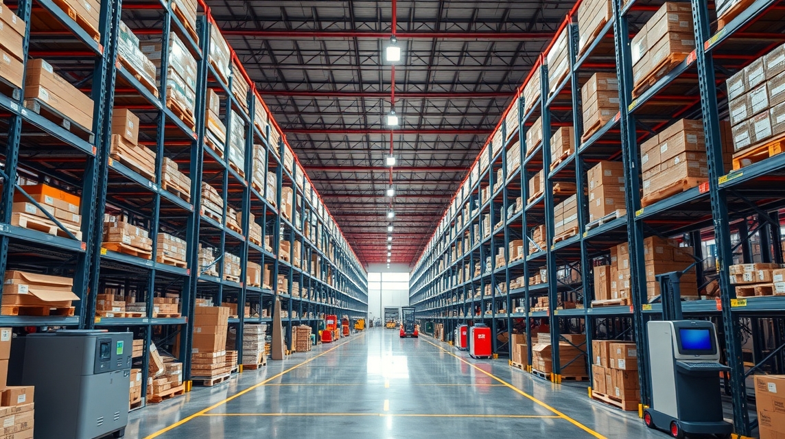 Prehľadný sklad, poličky tele s krabicami a paletami, moderné osvetlenie.