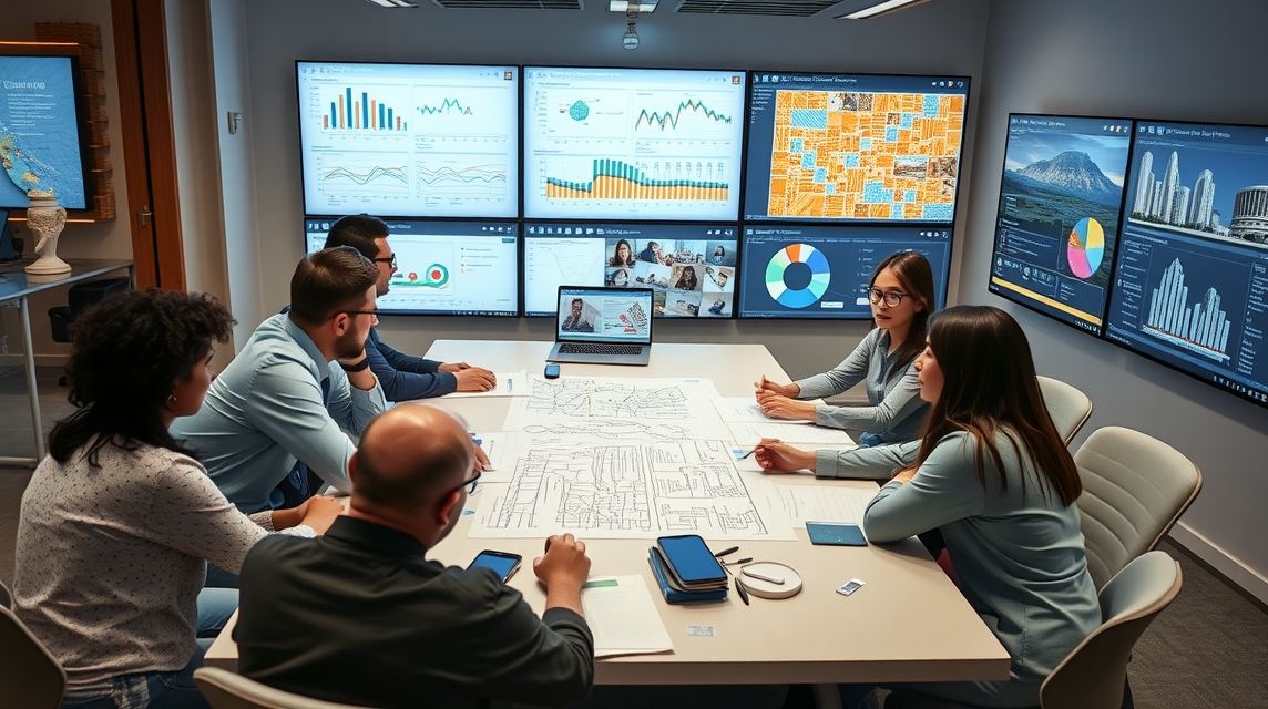 Skupina profesionálov diskutuje o projektoch v modernom konferenčnom priestore s viacerými obrazovkami.